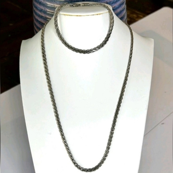 VTG Fancy Etched Braided 925 Sterling Silver Necklace Chain & Bracelet Set